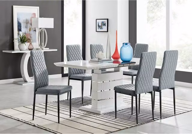 FurnitureboxUK Renato Gloss Extending Kitchen Dining Table and 6 Milan Black Leg Chairs in Grey