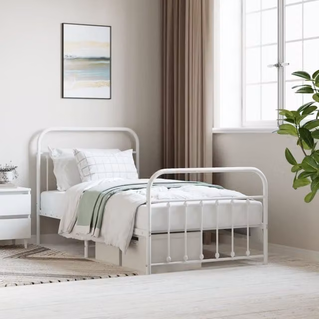 Berkfield Home Metal Bed Frame with Headboard and Footboard in White, W/D/H: 100 x 190 cm