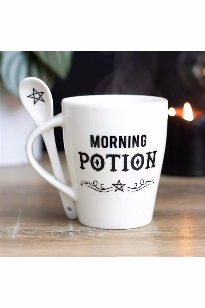 KDMD Morning Potion Ceramic Mug and Spoon Set in White and Beige – 3