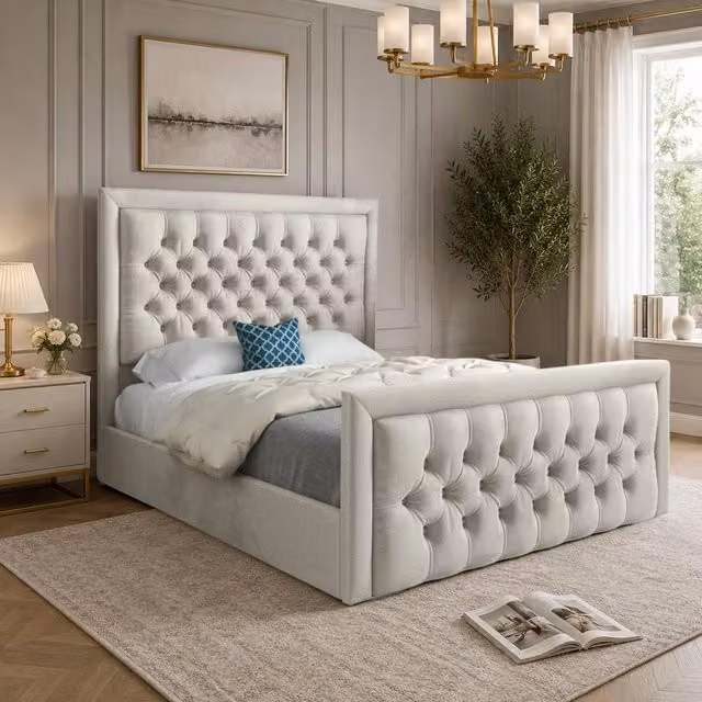 Casani Yvonne Upholstered Velvet Designer Bed Frame in Beige, W/D/H: 90 x 200 cm