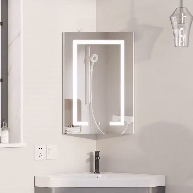 KEEPREAPER Modern White Corner Bathroom Cabinet with LED Mirror, W: 40 cm, H: 60 cm