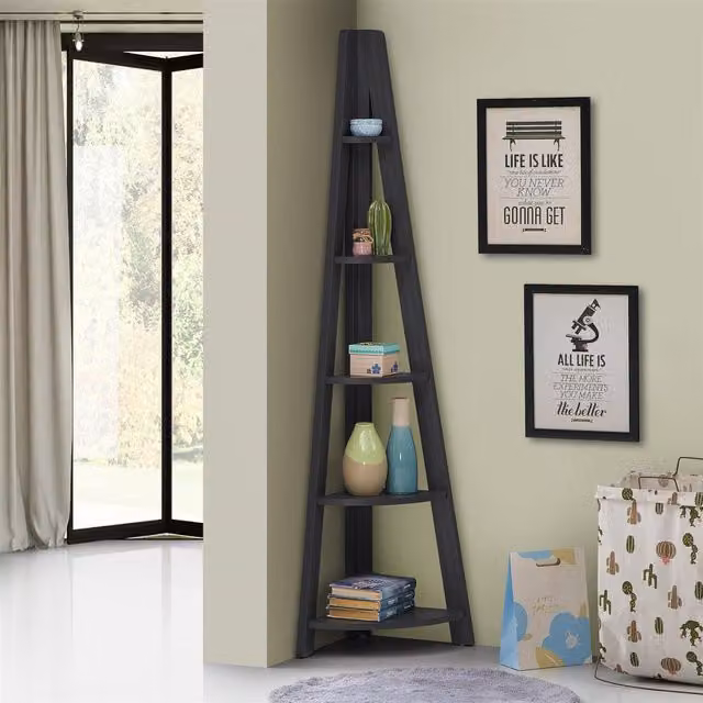 Timber Art Design Riva Scandinavian Retro 5 Tier Corner Ladder Bookcase in Black – 1