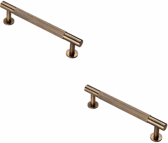 Loops 2x Knurled Bar Door Pull Handles in Antique Brass, W: 15.8 cm, D: 1.3 cm, Fixing Centres: 12.8 cm