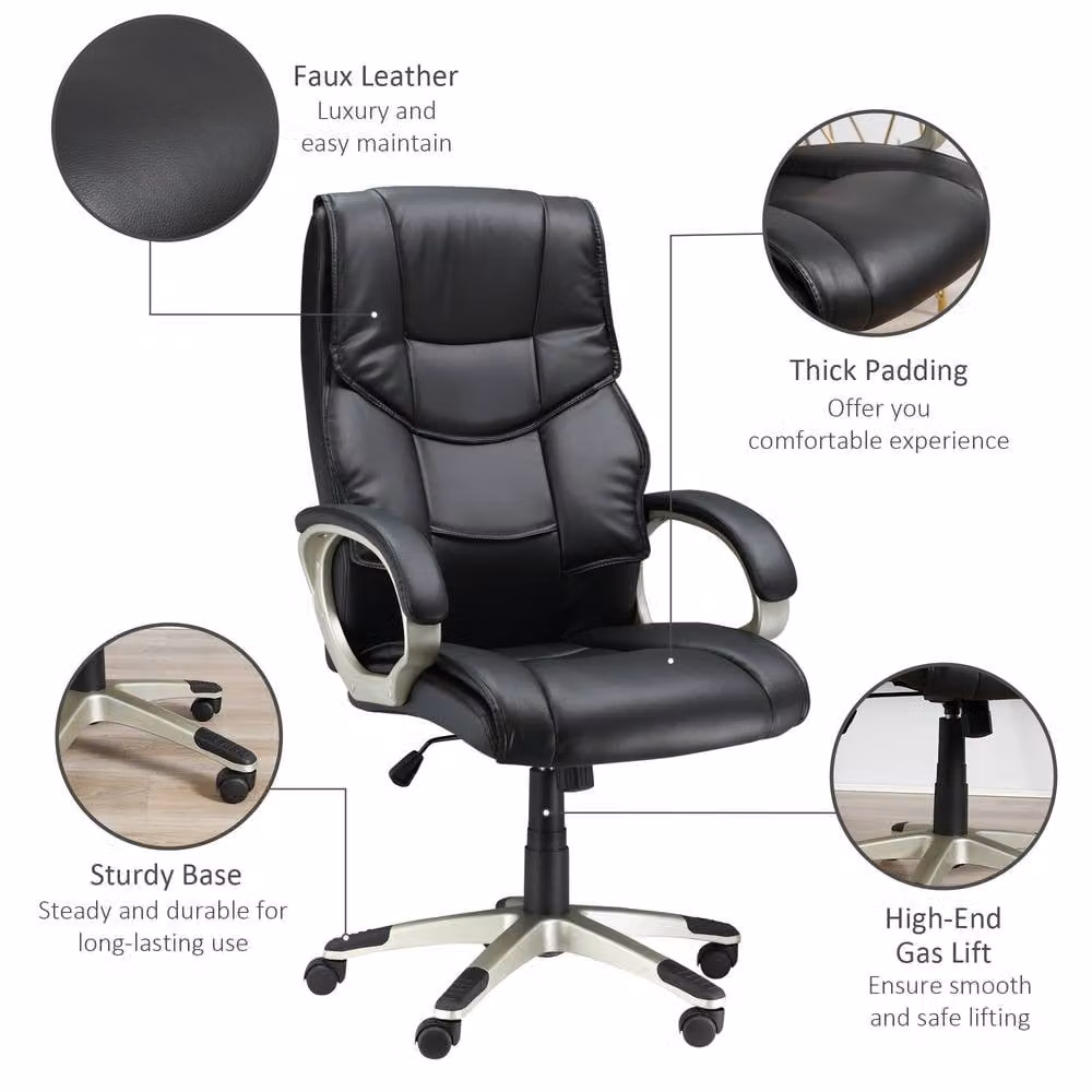 ERGOVEXA Black Faux Leather High Back Executive Office Chair with Headrest and Armrests – 6