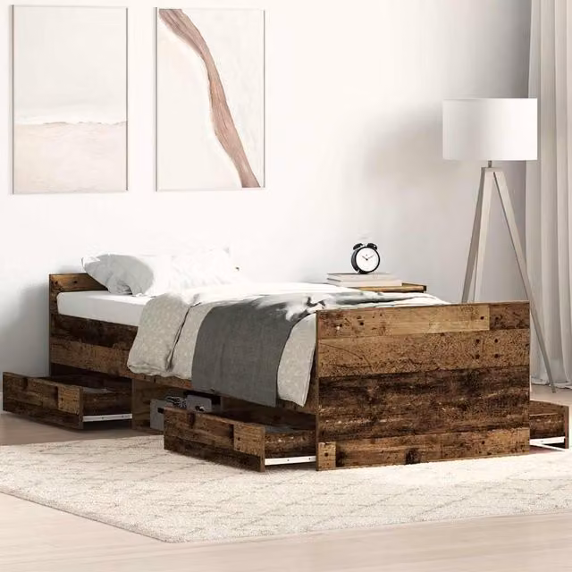 Berkfield Home Bed Frame in Brown Old Wood with Drawers, W/D/H: 100 x 200 cm
