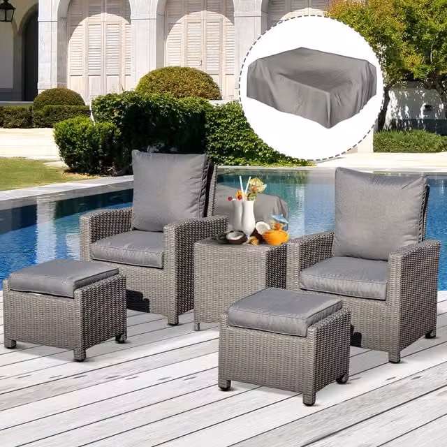 Outsunny Grey Rattan Outdoor Lounge Set with Coffee Table, Armchair, Ottoman and Upholstered Cushions