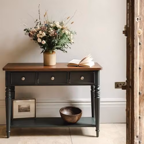 Statement Furniture Queensbury Console Table with Oak Top and 3 Drawers in Bottle Green, W: 115 cm, H: 81 cm, D: 33 cm