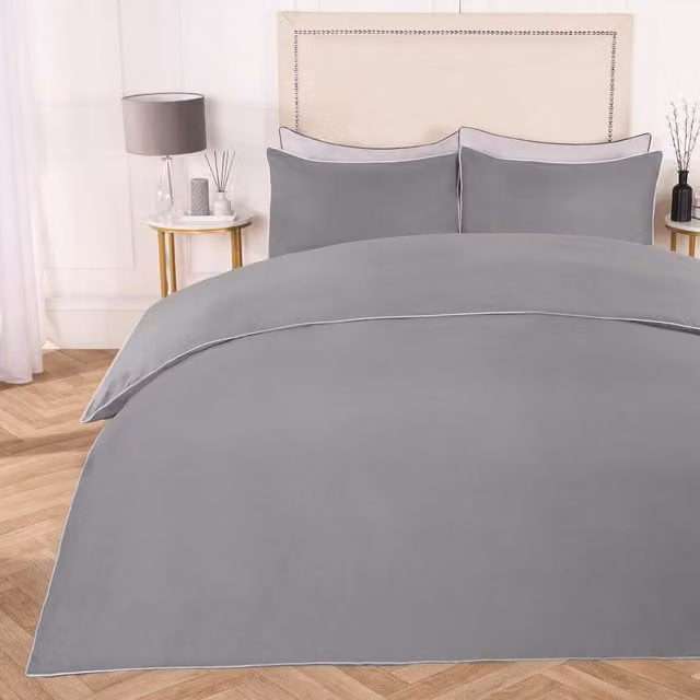 OHS Grey and Black Piped Edge Microfibre Duvet Cover Set, Single, 90 x 200 cm