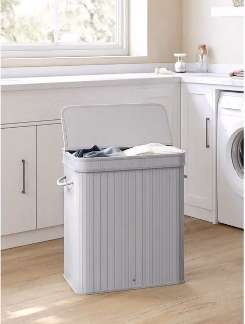 SONGMICS Bamboo 100L Laundry Hamper with Lid and Removable Bag, Grey, H: 61.0 cm x W: 34.5 cm x D: 54.5 cm