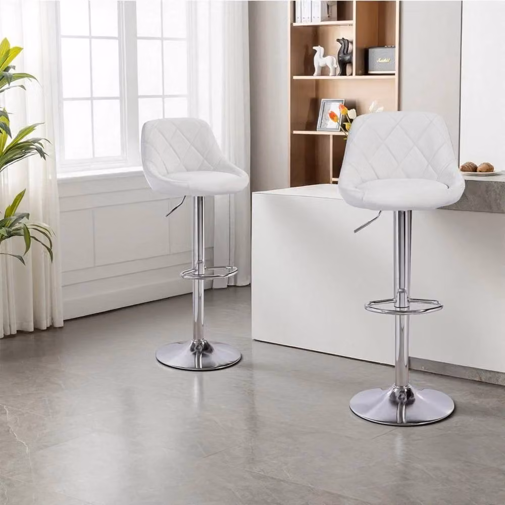 VOGREX Set of 2 White Synthetic Leather Mid-Back Bar Stools with Swivel Gas Lift and Oval Seats – 2
