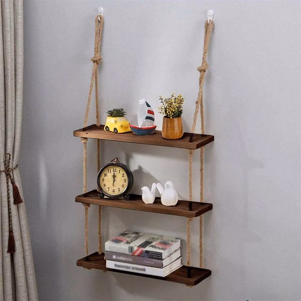 FLAVORA Rustic Brown Wood Rope Hanging Wall Plant Shelves – 5