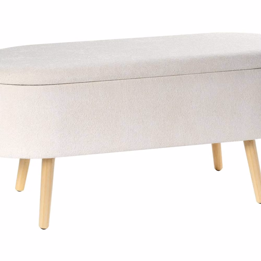 Wyld and Coco Oval Storage Bench with White Chenille Fabric and Solid Pine Legs – 2