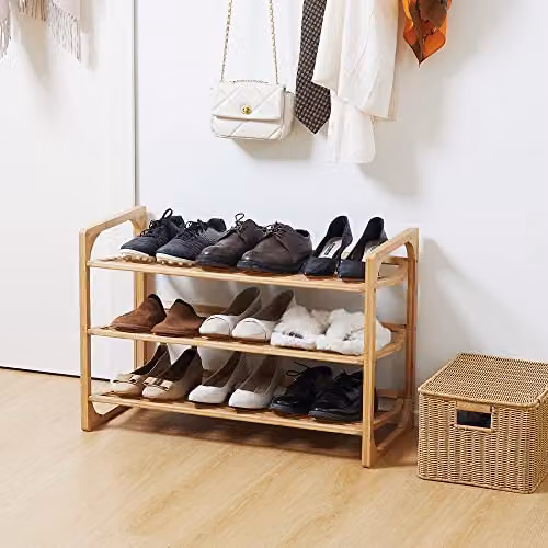 HOMCOM 3-Tier Bamboo Shoe Rack Storage Organiser in Natural Brown and Beige, W/D/H: 76 x 33 x 51 cm – 2
