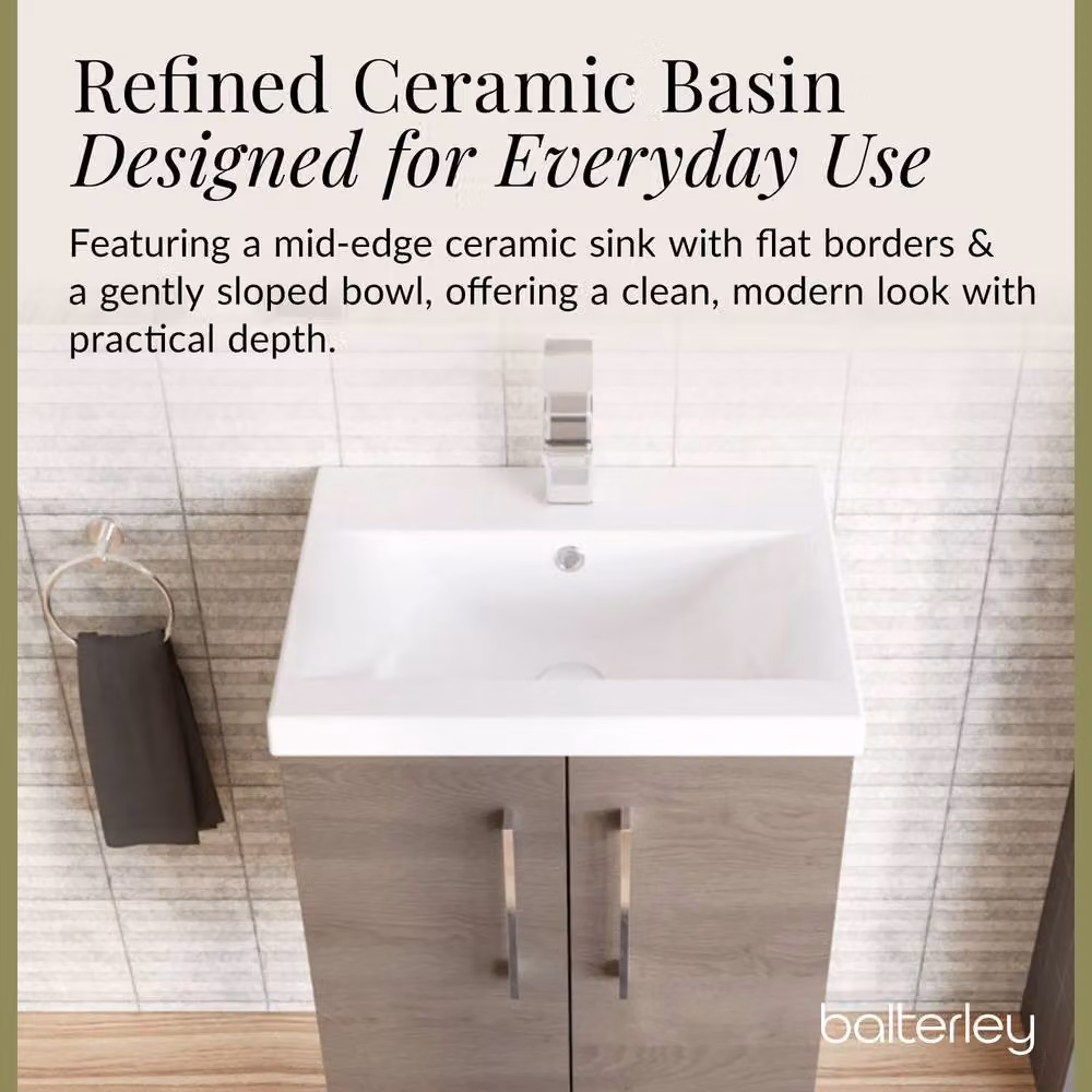 Balterley Contemporary Wall Hung Bathroom Vanity Unit with Mid-Edge Ceramic Basin, Solace Oak, W: 60 cm, D: 39 cm, H: 57.9 cm – 4