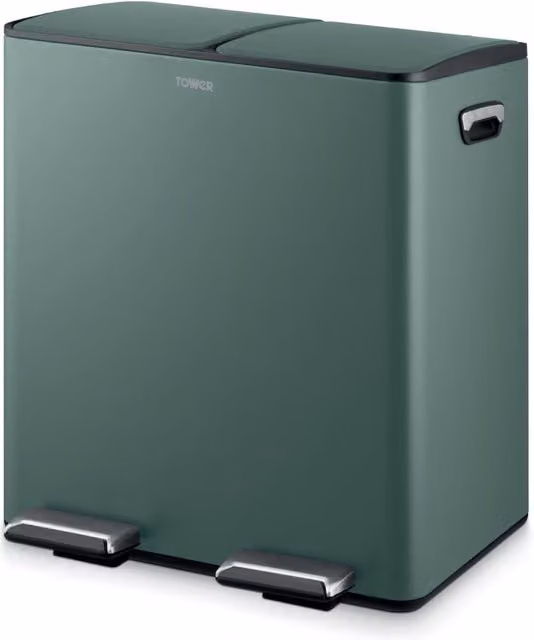 Tower 40L Recycling Pedal Bin with Removable Inner Buckets in Green and Black Coated Steel – 7