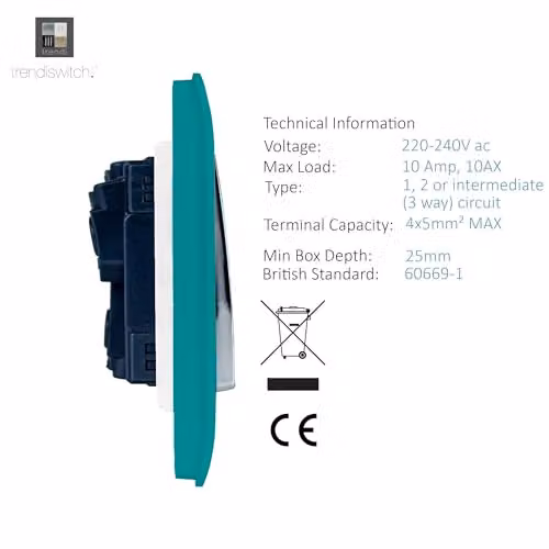 Trendi 4 Gang (2 Way & 1x Intermediate) 10 Amp Rocker Light Switch in Turquoise – 2