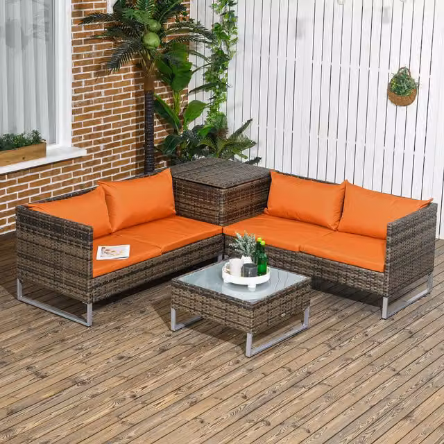 Outsunny 4 Piece Modern Rattan and Metal Wicker Sofa Loveseat Set, Orange