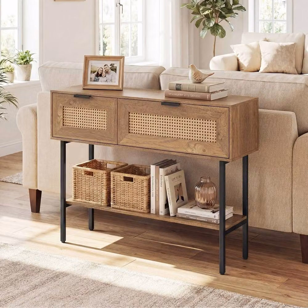 Kelvenix Rattan Console Table and Entryway Cabinet with Flip Flop Doors in Natural Brown and Beige – 3