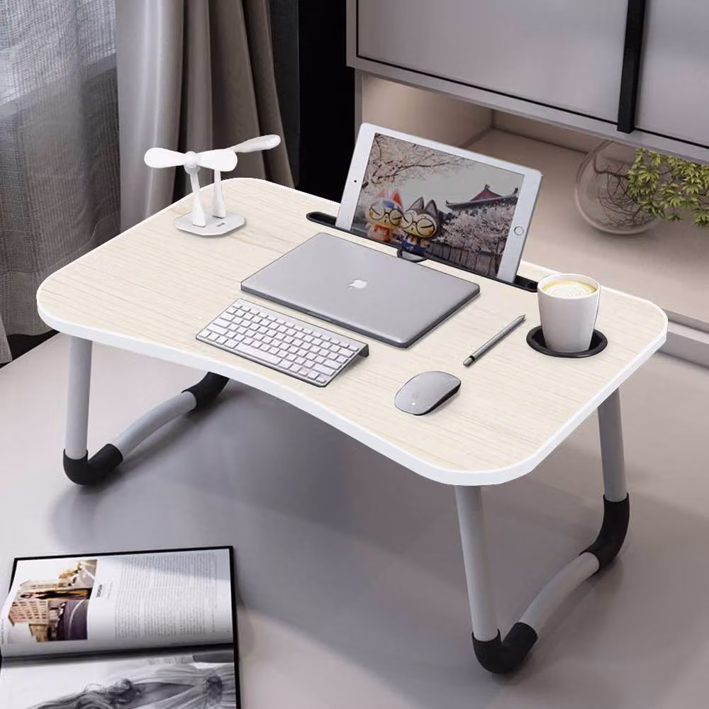 Living and Home Folding Laptop Bed Table with LED Light, Fan, 4 USB Ports, Tablet Slot and Cup Holder in Beige – 4