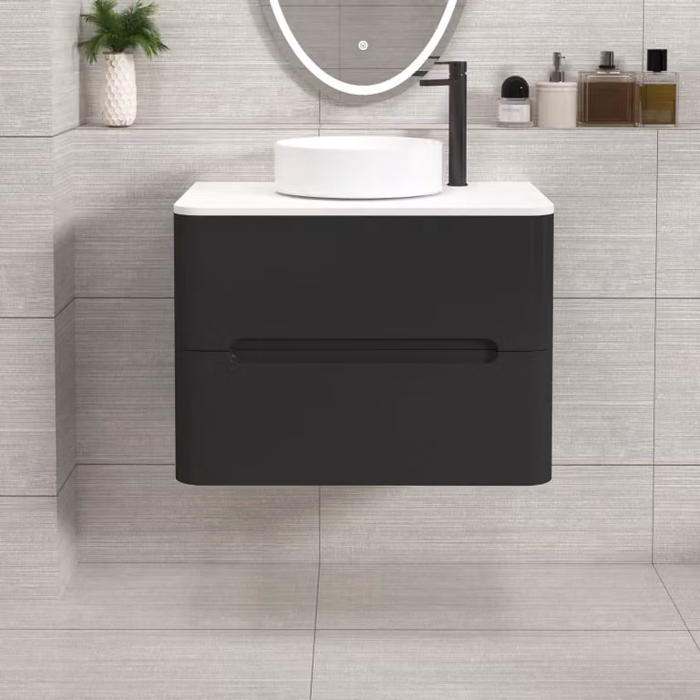 Royal Bathrooms Venice 700mm Wall Hung Vanity Unit in Matt Nocturne Black with 2 Drawers, Plain White Worktop and Art Basin
