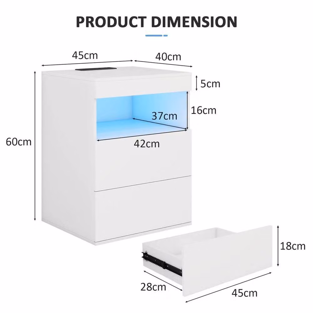 EONLION Modern White 3-Drawer Bedside Table with Integrated LED Lighting, Width: 100 cm – 2