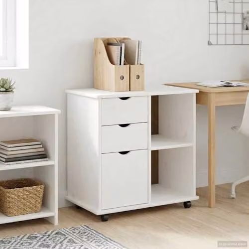 vidaXL Rolling Cabinet in White Solid Pine Wood, W/D/H: 63.5 x 39 x 65.5 cm – 2