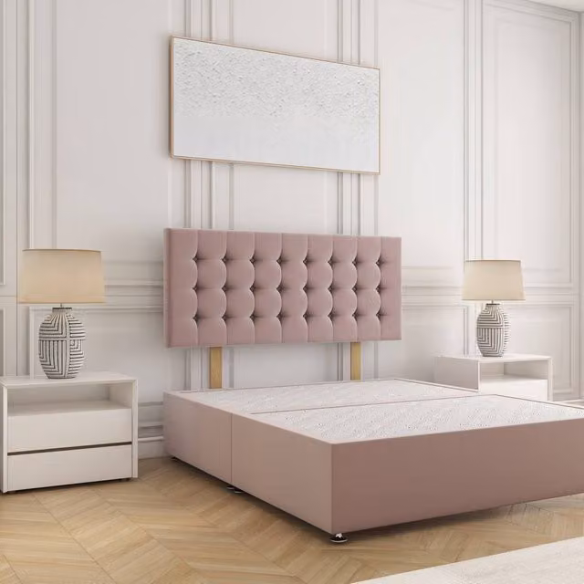BSSPOKE Isla Divan Bed with 24 inch Plush Velvet Headboard in Pink, King Size