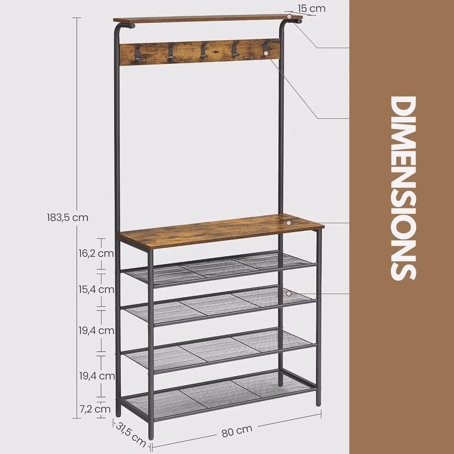 Rafaelo Mobilia Industrial Rustic Hallway Tree Coat Stand with 5 Tier Shoe Rack in Dark Brown – 2