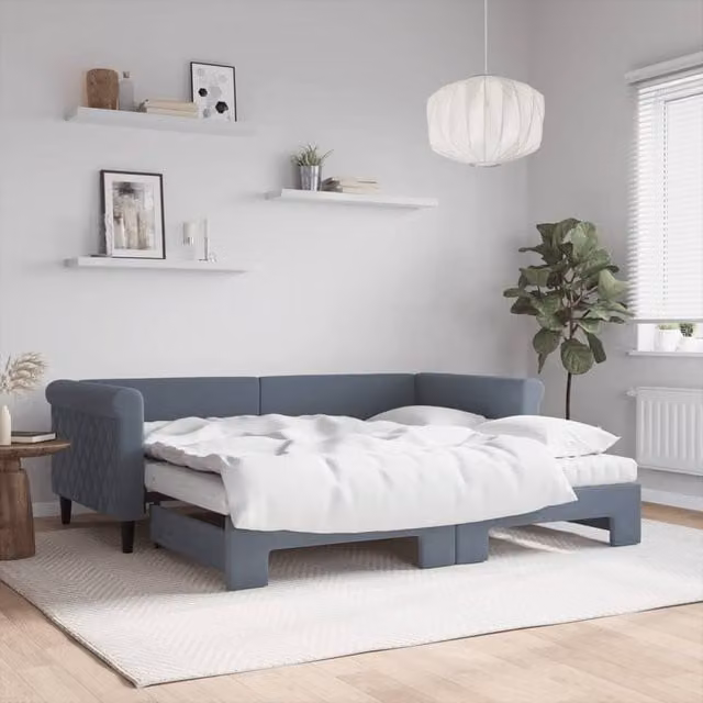 Berkfield Home Daybed with Trundle and Mattresses in Dark Grey Velvet, W/D/H: 90 x 190 cm