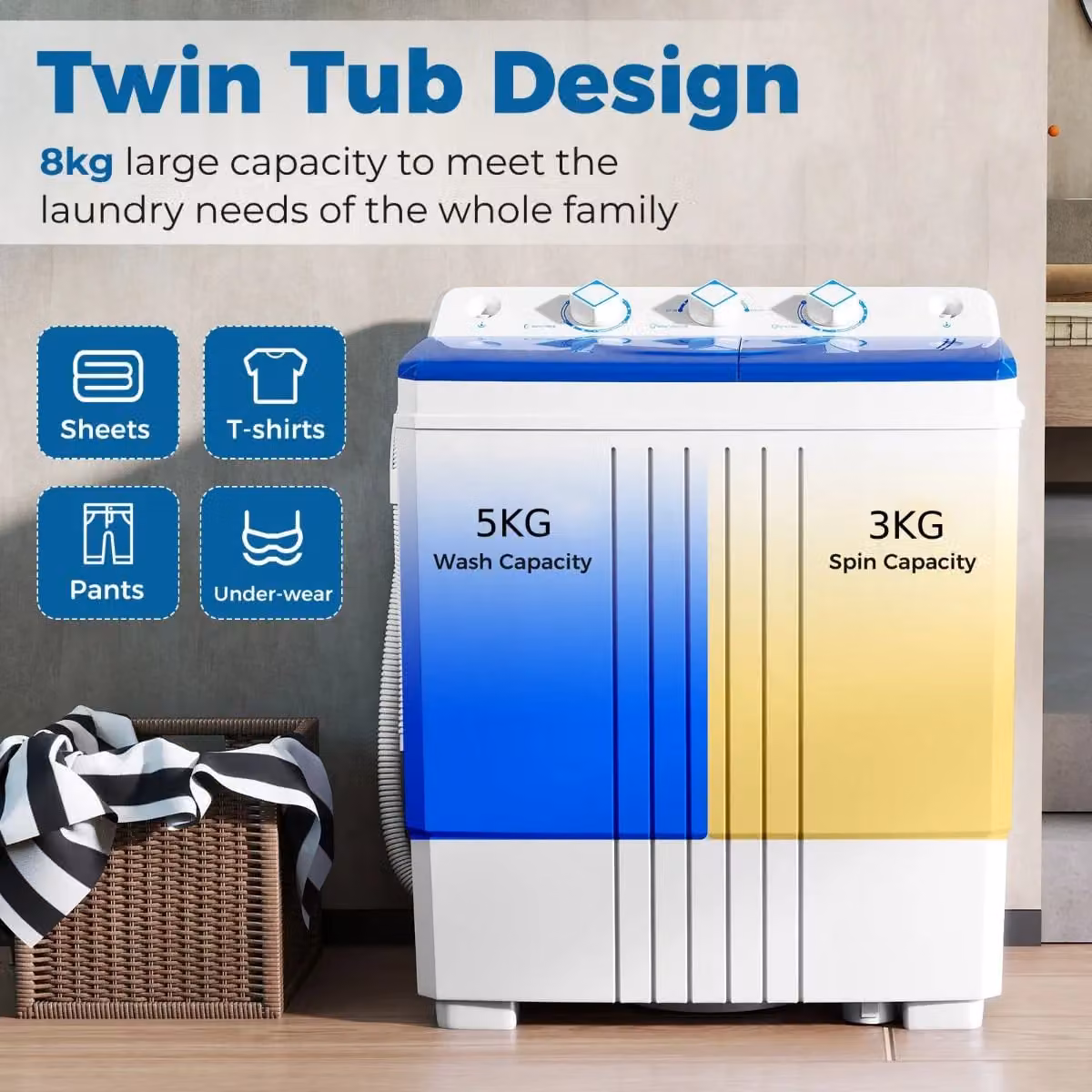 Costway Portable Twin Tub Washing Machine, 8kg Capacity, White and Multicolour Top Loader – 4