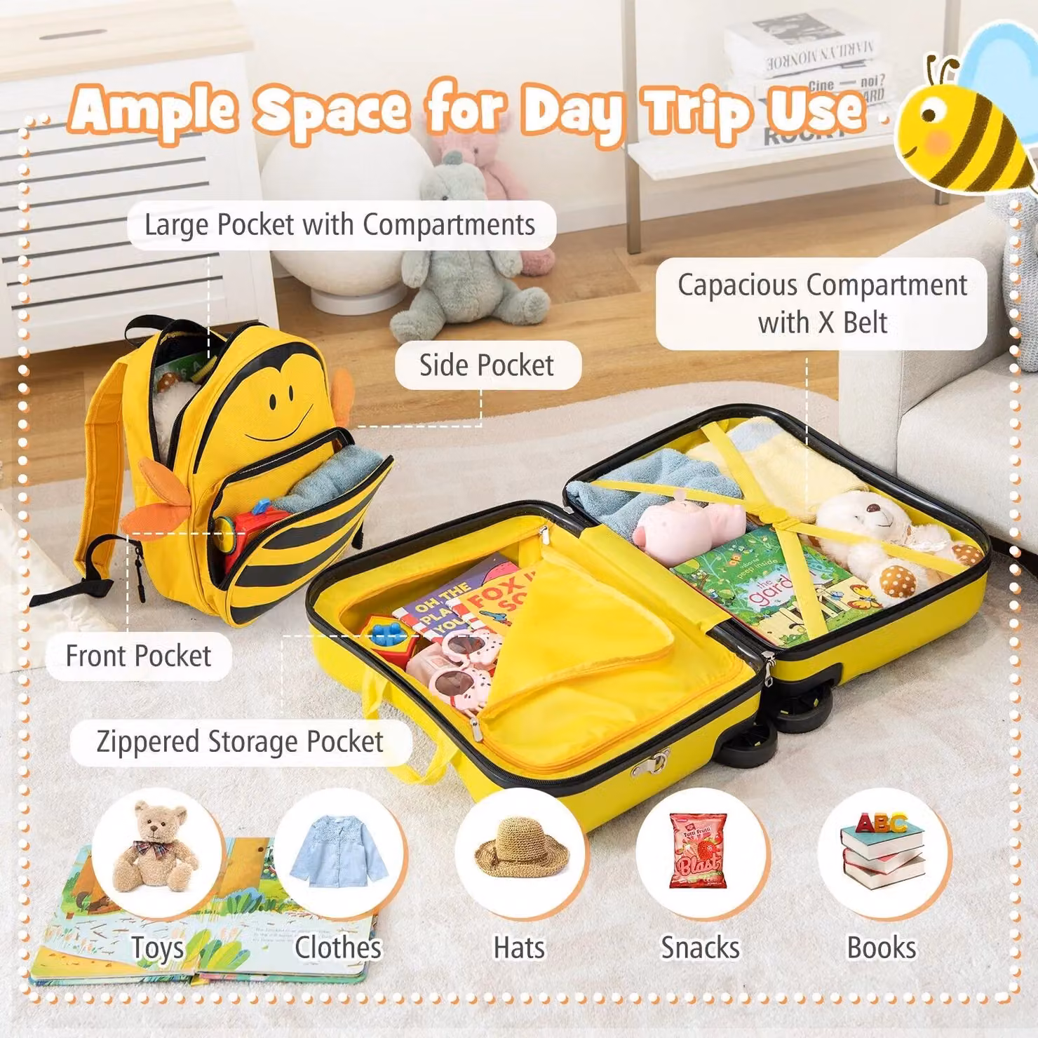 Costway Kids Ride-on and Carry-on Hardshell Suitcase Set of 2, Yellow and Multicolour – 4