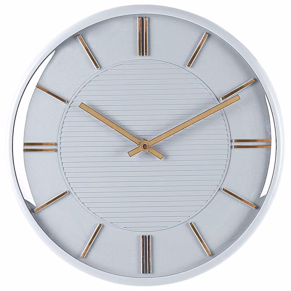 Wyld and Coco Grey Minimalist Round Wall Clock with Unnumbered Striped Dial, Diameter: 34 cm – 2