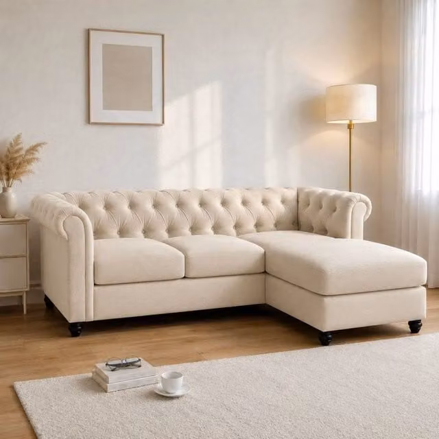 Sofaya Hampton 3 Seater L Shape Chesterfield Sofa in Beige Velvet with Right Hand Chaise – 1