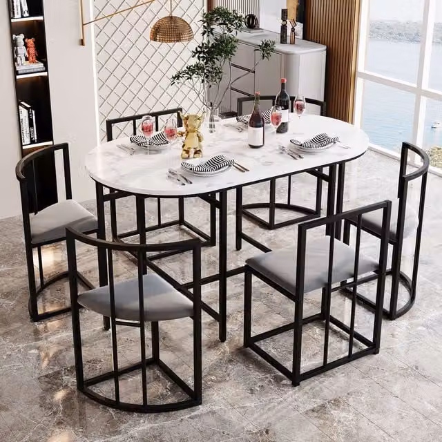 Aosom UK Modern Dining Table and 6 Chairs Set with Marble Pattern and Gold Iron Frame, Black, W: 140 cm, D: 80 cm, H: 76 cm – 1