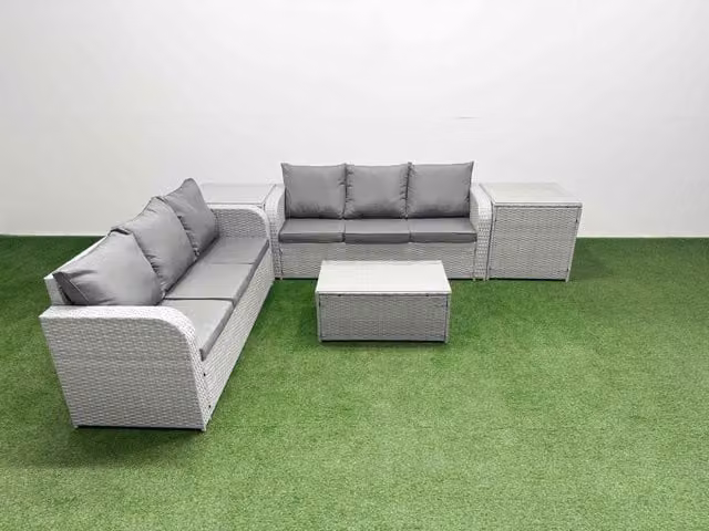 Fimous 6 Seater Grey Wicker Rattan Garden Furniture Set with High Back Lounge Sofa, Rectangular Coffee Table and 2 Side Tables