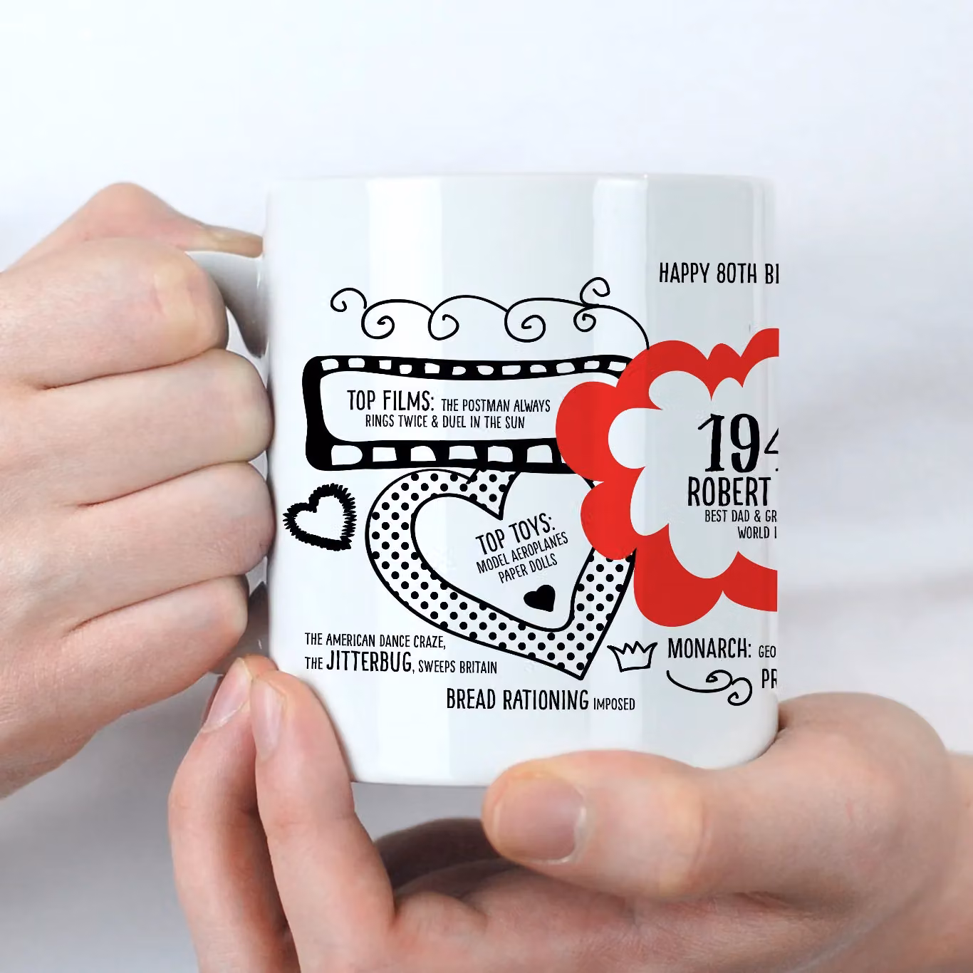 Afewhometruths Personalised 80th Birthday Fun Facts Mug, Born in 1946, Red and White – 2