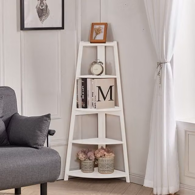 Livingandhome 5-Shelf Corner Ladder Bookcase in White