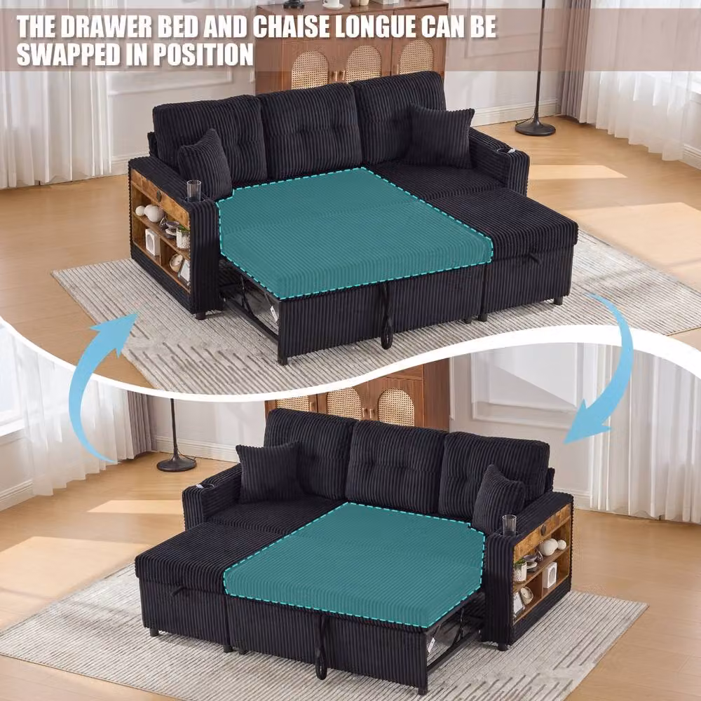 Rolipo Corduroy Sofa Bed with Storage, USB Charging, LED Lighting and Cup Holder in Black – 4