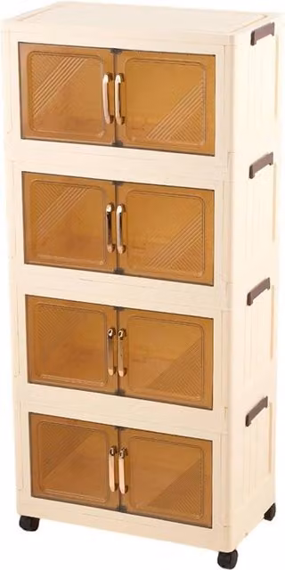 Living and Home Foldable 3/4-Tier Rolling Plastic Storage Cabinet with Magnetic Hinged Doors in Beige, Large