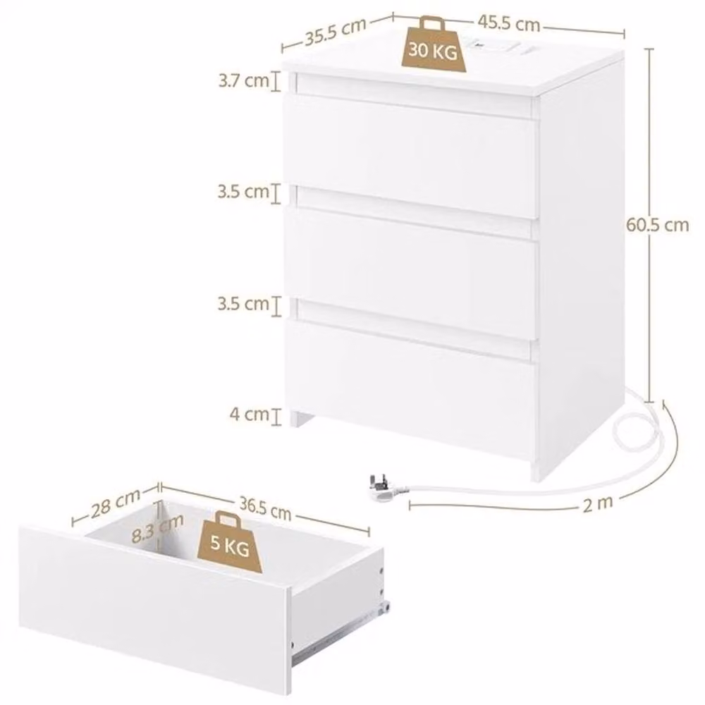 Kelvenix White Wood Bedside Table with Charging Station – 2