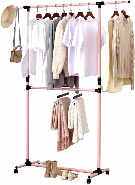 House of Home Matt Pink Metal Double Clothes Rail with Continuous Linear Rail