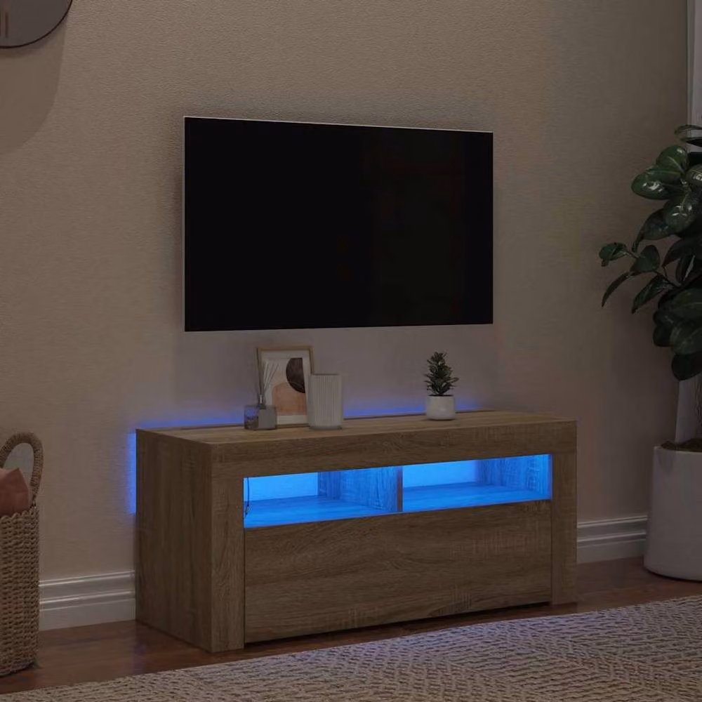 Berkfield Home Modern TV Cabinet with LED Lights in Sonoma Oak, W/D/H: 90 x 35 x 40 cm – 2