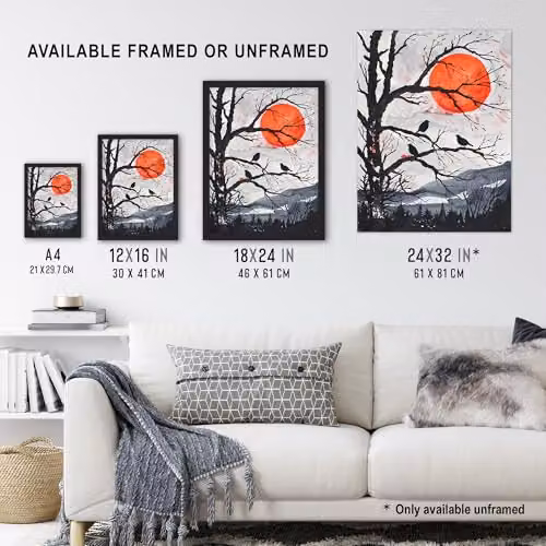 Artery8 Red Winter Sun and Birds on Forest Tree Landscape Wall Art Paper Poster Print – 3