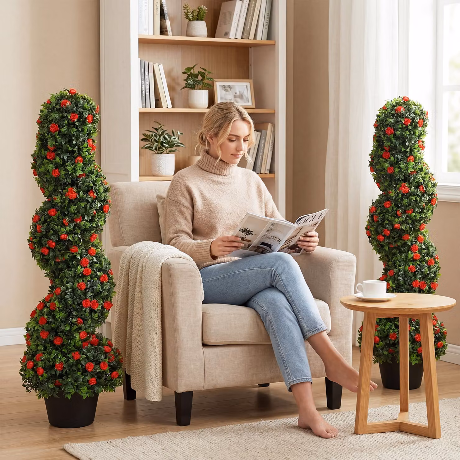 HOMCOM Set of 2 Red Artificial Rose Spiral Topiary Trees, Height: 90 cm – 7