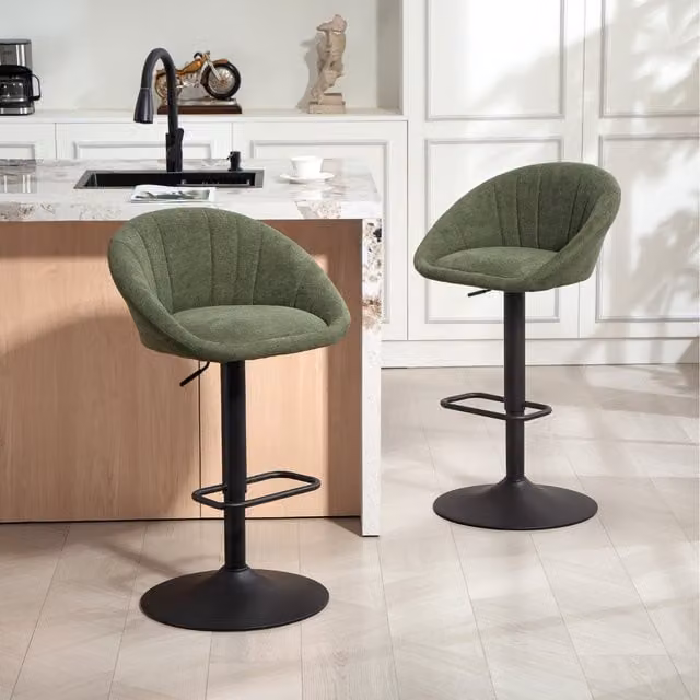 HOMCOM Set of 2 Green Fabric Swivel Bar Stools with Height Adjustment