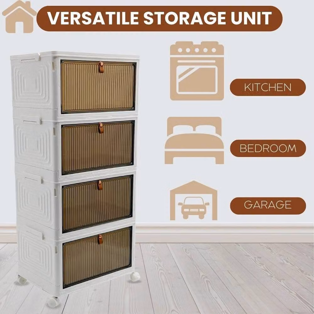 FORGEVIO 4-Tier Stackable Folding Storage Boxes with Lids, White, 92L Total Capacity – 4