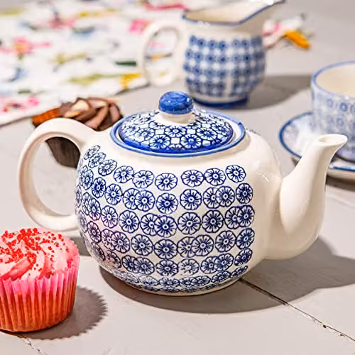 Nicola Spring Hand-Printed Porcelain Teapot with Lid, Floral Pattern, Blue, 820ml – 2