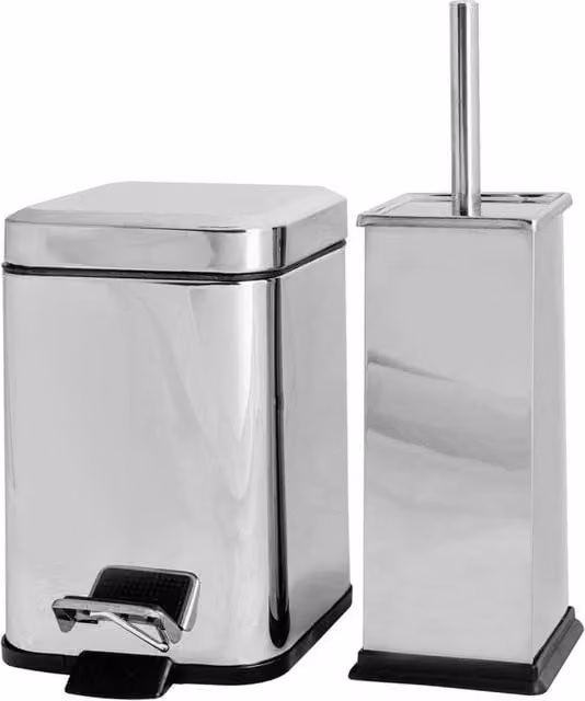 Havendro Bathroom Pedal Bin 3L and Toilet Brush Holder Set in Metallic Silver Stainless Steel