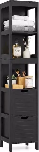 Costway Black Narrow Freestanding Bathroom Storage Cabinet with 2 Drawers and 3 Shelves – 1