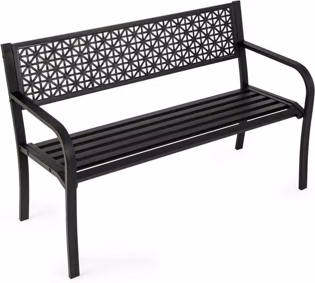 VOGREX Black Modern Geometric Metal 2-3 Seater Patio Garden Bench, Width: 127 cm